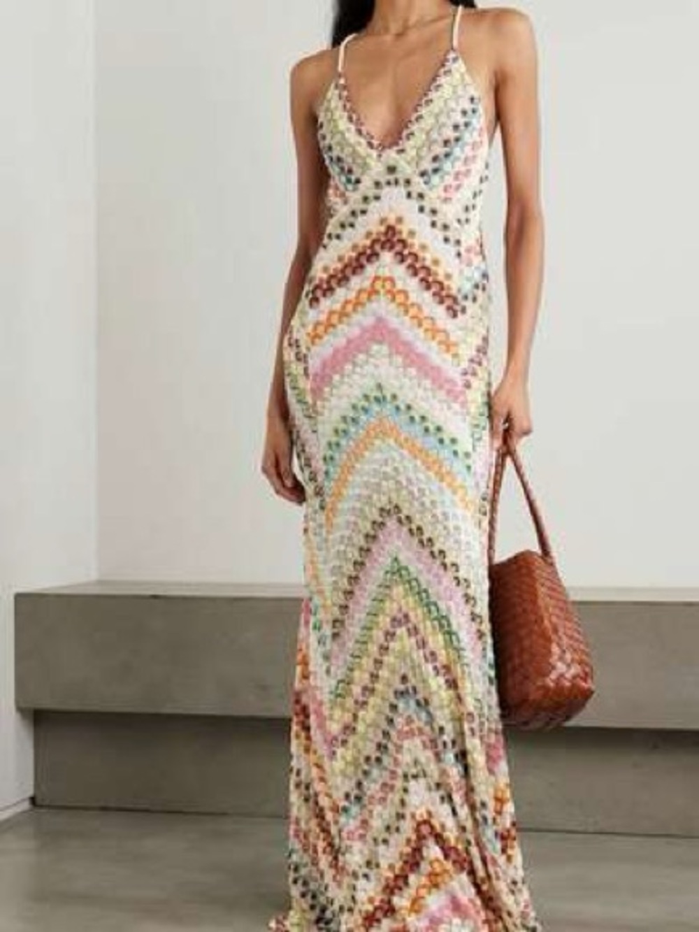 Cream Multi-Color Chevron Crochet Maxi Dress